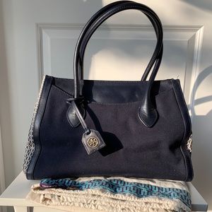 Tory Burch | Navy Blue & White Cloth Shoulder Bag